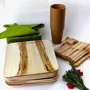 palm  leaf Plate 10  pic Square  10" -  10 Pic Cup -20 Pic napkin - 30 Cutlery
